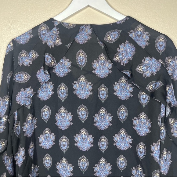 Kobi Halperin Womens Black Blue Paisley Ruffle Lace Up Sill Blouse Size Large - Picture 9 of 10